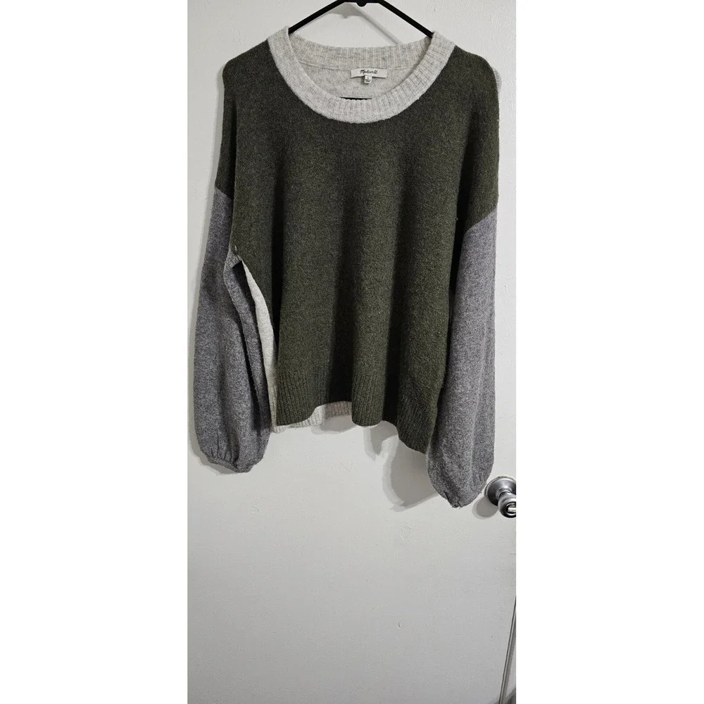 Madewell Womens Crop Sweater Large Green Gray Merino Wool‎ Blend Preppy Casual
